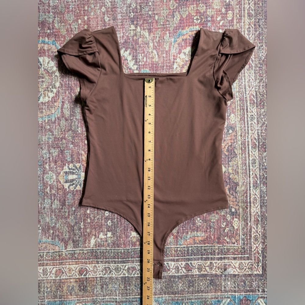 Large PinkmStyle Women’s Brown double lined Tulip sleeve square neck bodysuit - Picture 3 of 8